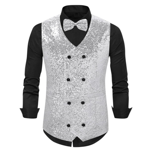 pstuiky Camiseta sin mangas para hombre, Blusa sin mangas con cuello en V, botones y pajarita con bolsillos estampados a la moda para hombre Camisas de hombre l