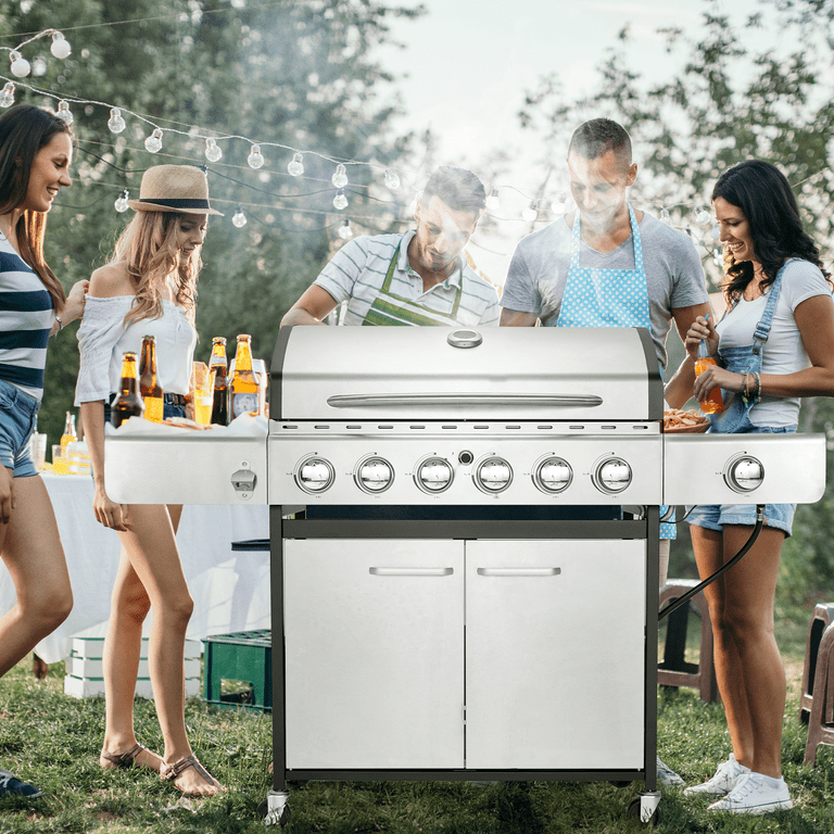 Erinnyees 6 Burner Propane Gas Grill Stainless Steel with Side Burner Outdoor Cooking BBQ Grills Cabinet Size 57.4L 21.6W 43.3H Silver