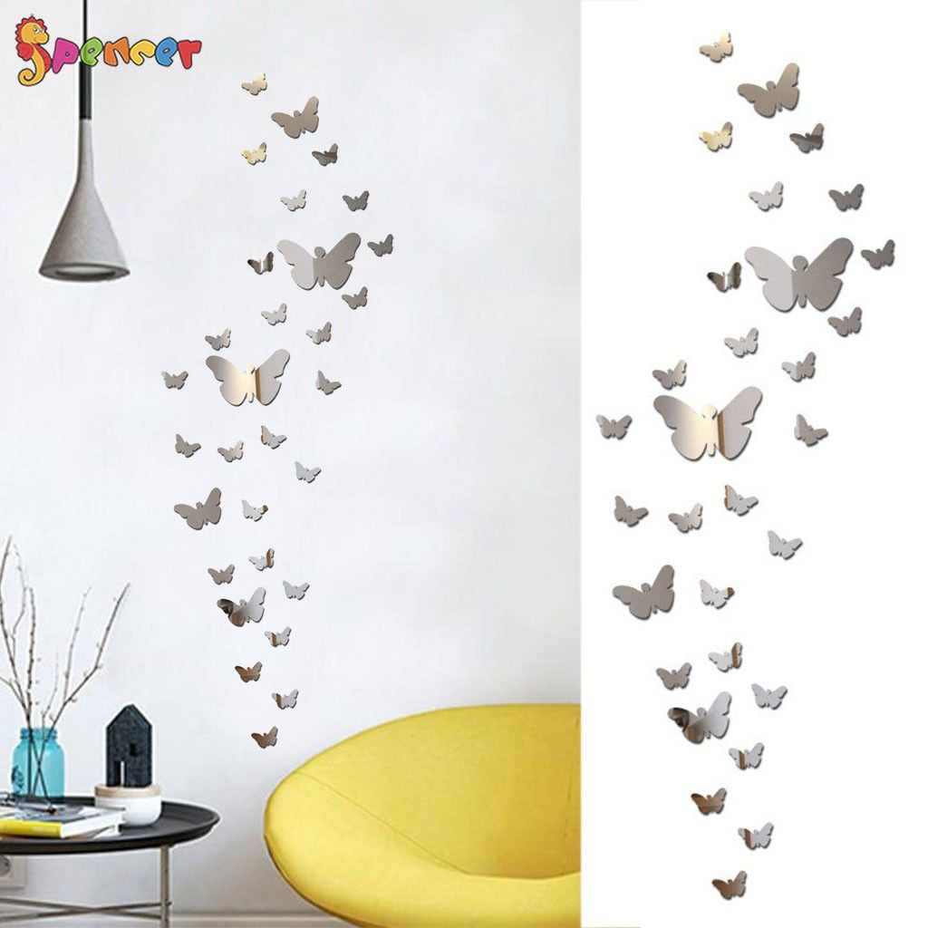 30Pc Plastic Butterfly Mirror Wall Stickers 3D Wall Decals Home Decor Gold A 