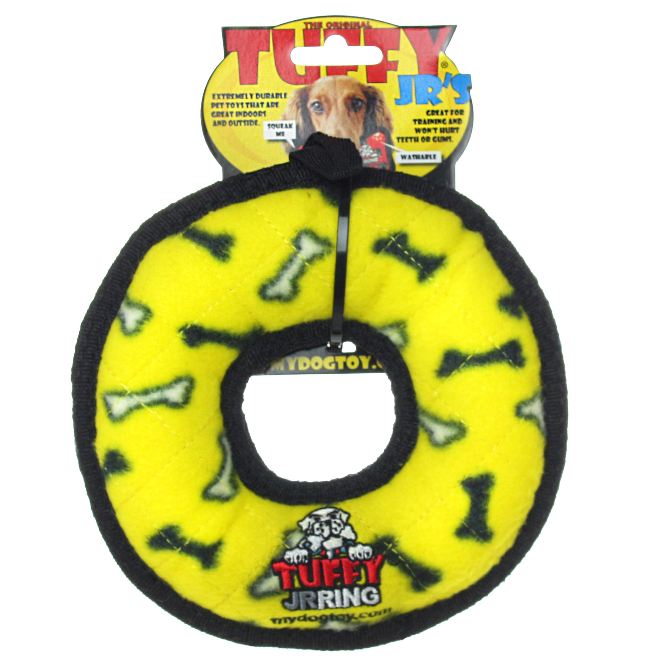 Tuffy Jr Ring Yellow Bone Durable Plush Squeaky Dog Toy