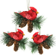 Set of 3 Red Cardinal Birds on Pine Cone Nest Christmas Ornaments 5"