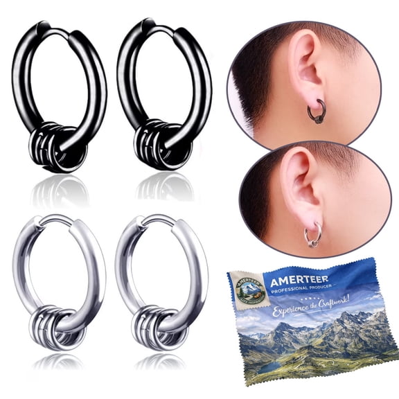 AMERTEER Stainless Steel Unisex Huggie Hoop Earrings Black and Steel Color, 2 Pair