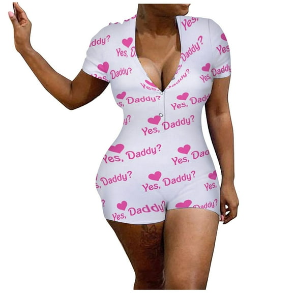 Female Fashion V Neck Letter Print Long Sleeve Jumpsuit Bodysuit Homewear Sleepwear