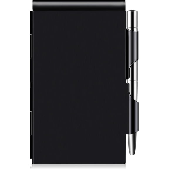 Metal Small Notebook, Mini Notepad, Small Pocket Notepad Aluminum Note Case with Mini Metal Pen and 60-Page Sheets - Memo Books Note Pads, Solid Black