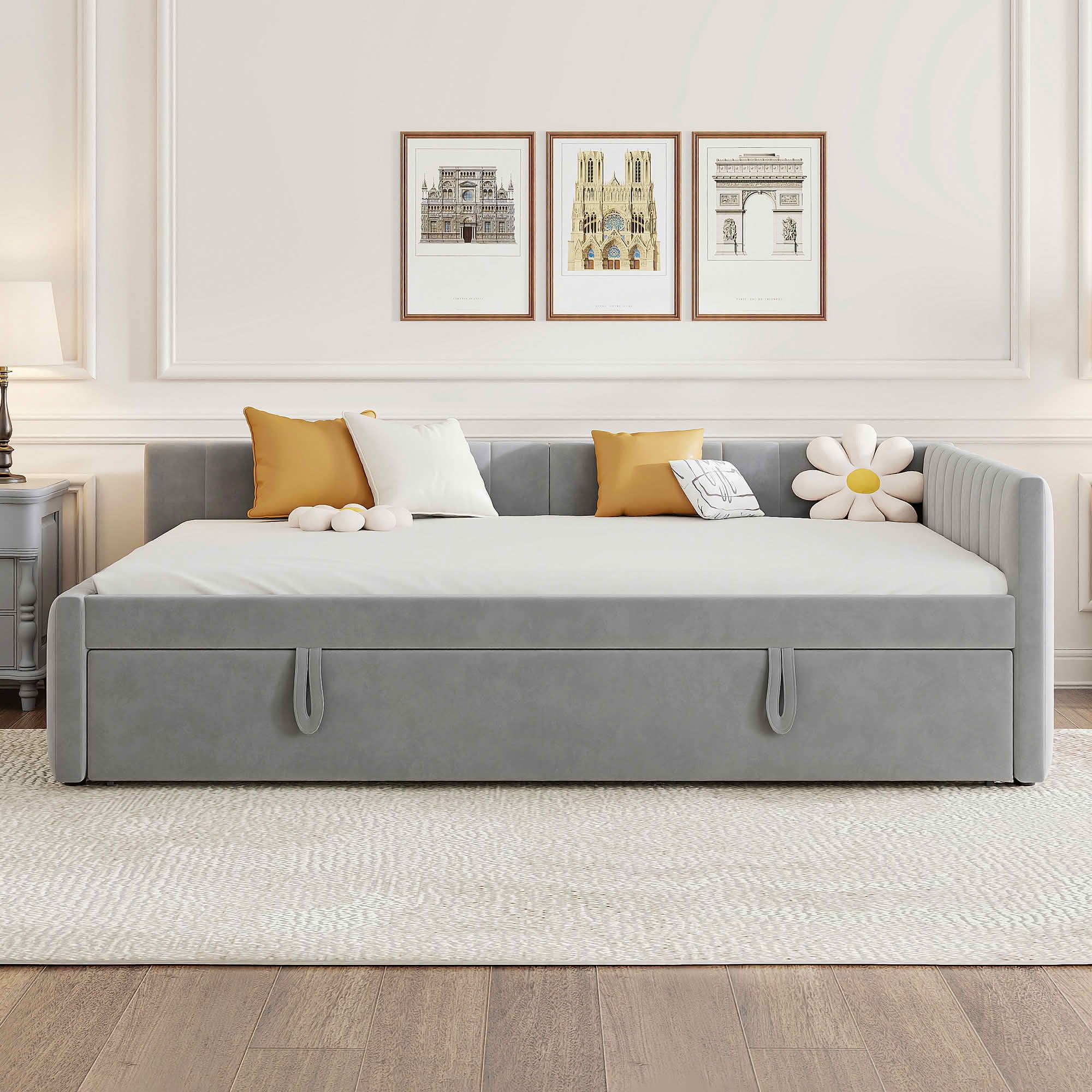 MAYEERTY Striped Upholstered Daybed with L-Shaped Backrest & Pop-Up Pull-Out Trundle, No Box Spring Needed