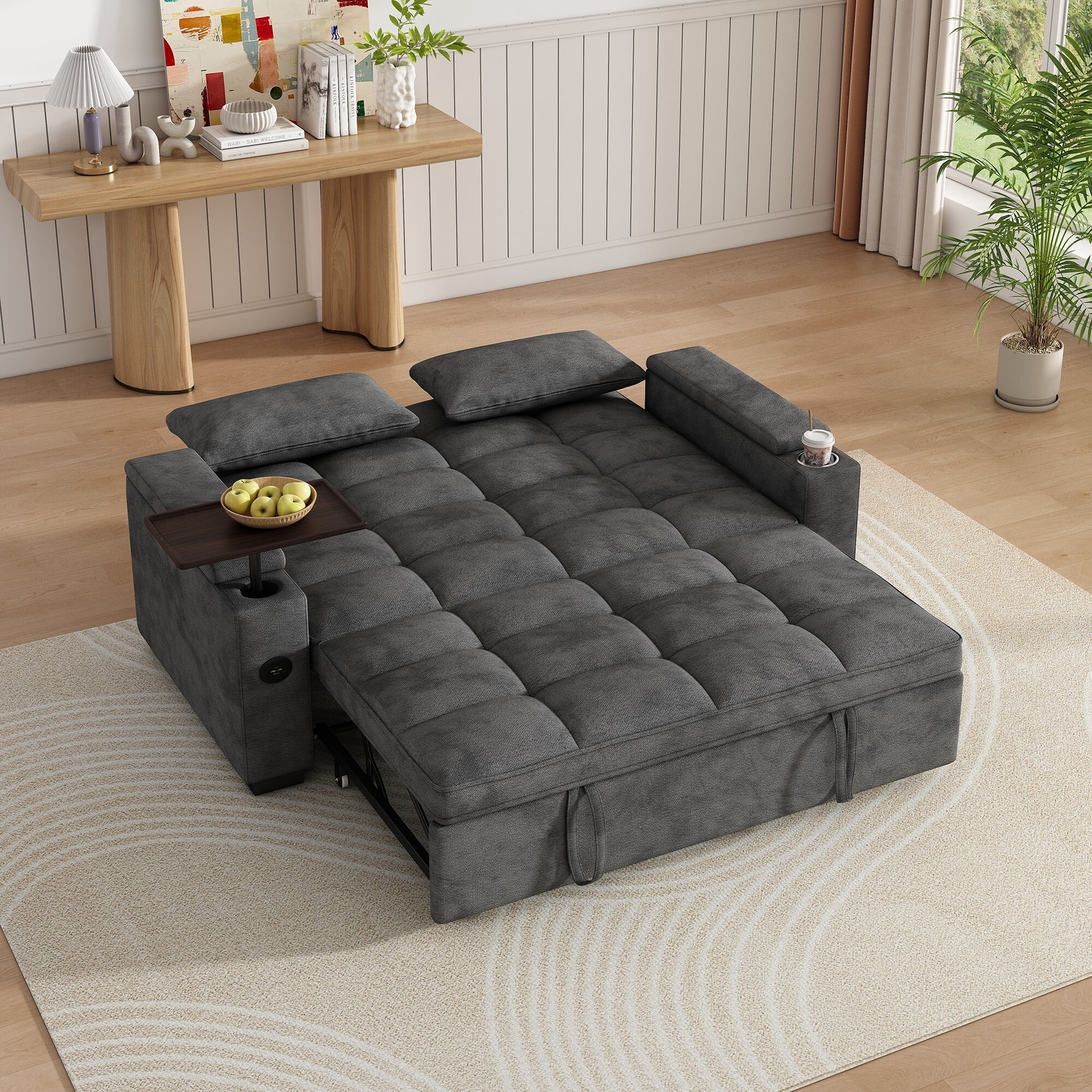 DEALTOPS 65" 3-in-1 Sleeper Sofa Bed, 3-Position Pull Out Couch with 90° Swivel Table, USB & Storage, Chenille, Gray
