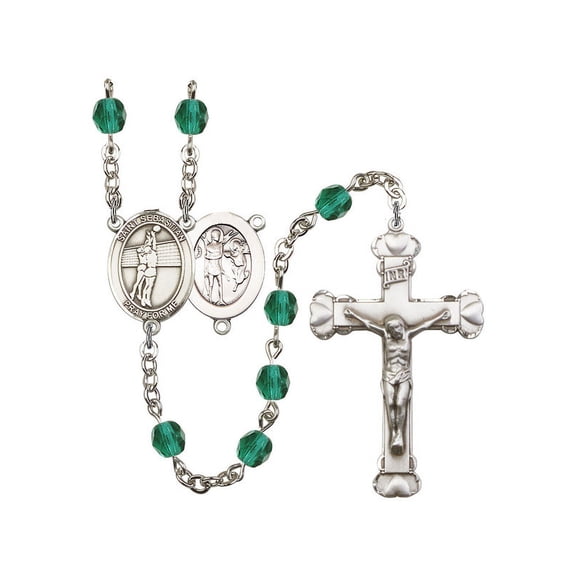 St. Sebastian / Volleyball Silver-Plated Rosary 6mm December Blue Fire Polished Beads Crucifix Size 1 5/8 x 1 medal charm