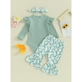 thumbnail image 3 of Infant Baby Girls 3 Piece Outfits Ribbed Long Sleeves Romper and Daisy Print Elastic Flared Pants Headband Set, 3 of 7