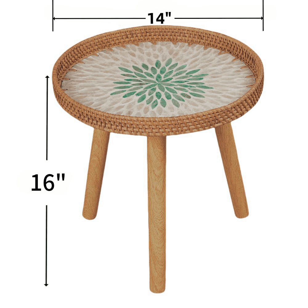 MEHOOM 16"Round End Table for Living Room, Handmade Rattan Shell Wooden Side Table, Small End Table Farmhouse Small Coffee Table, Round End Table Home Decor for Bedroom Small Spaces Corner