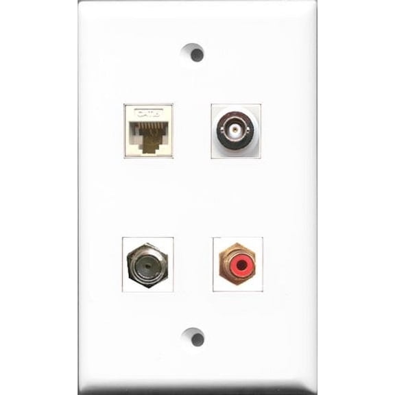 RiteAV 1 Port RCA Red and 1 Port Coax Cable TV- F-Type and 1 Port BNC and 1 Port Cat6 Ethernet White Wall Plate