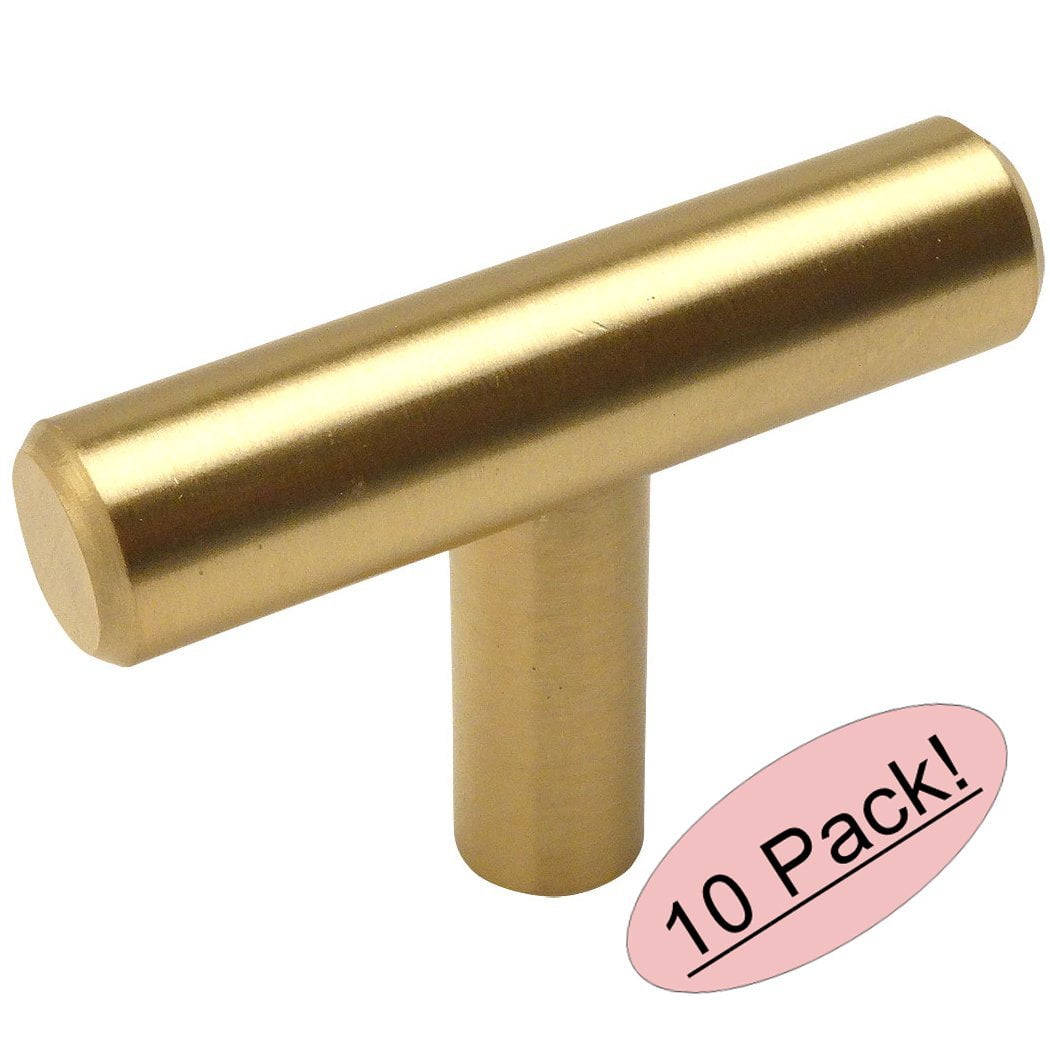 Cosmas 305BB Brushed Brass Cabinet Hardware Euro Style T Bar Knob - 2' Overall Length - 10 Pack