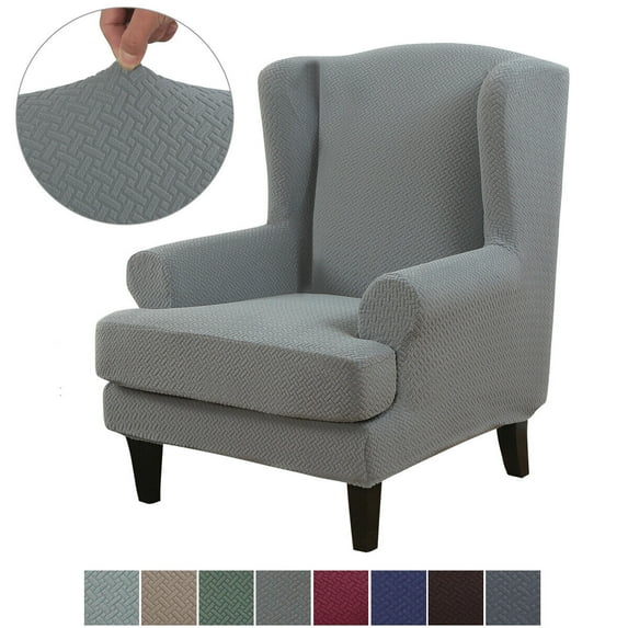 CJC 2 Piece Knitted Wingback Chair Cover Separated Armchair Cushion Slipcover Jacquard Pattern Furniture Decor, Sliver Gray