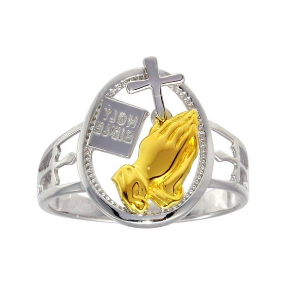 Gold Plated Sterling Silver 925 Praying Hand Cross Christian Love Ring Jewelry Female Male Size 9