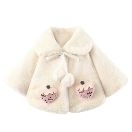 

Baby Girls Cozy Faux Fur Cape Lapel Tied Shrug Jacket Cute Strawberry Princess Cape Coat Winter Warm Overcoat Cloak