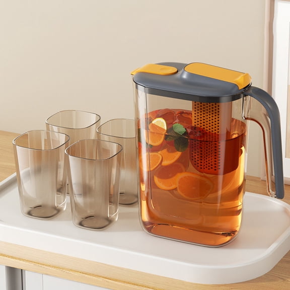 Eliaeconx Water Pitcher Set, 1 Gallon Beverage Dispenser with 4 Cups, Cold Water Kettle, Refrigerator Side Door Pitcher, High Temperature Resistant, for Household Use, Black
