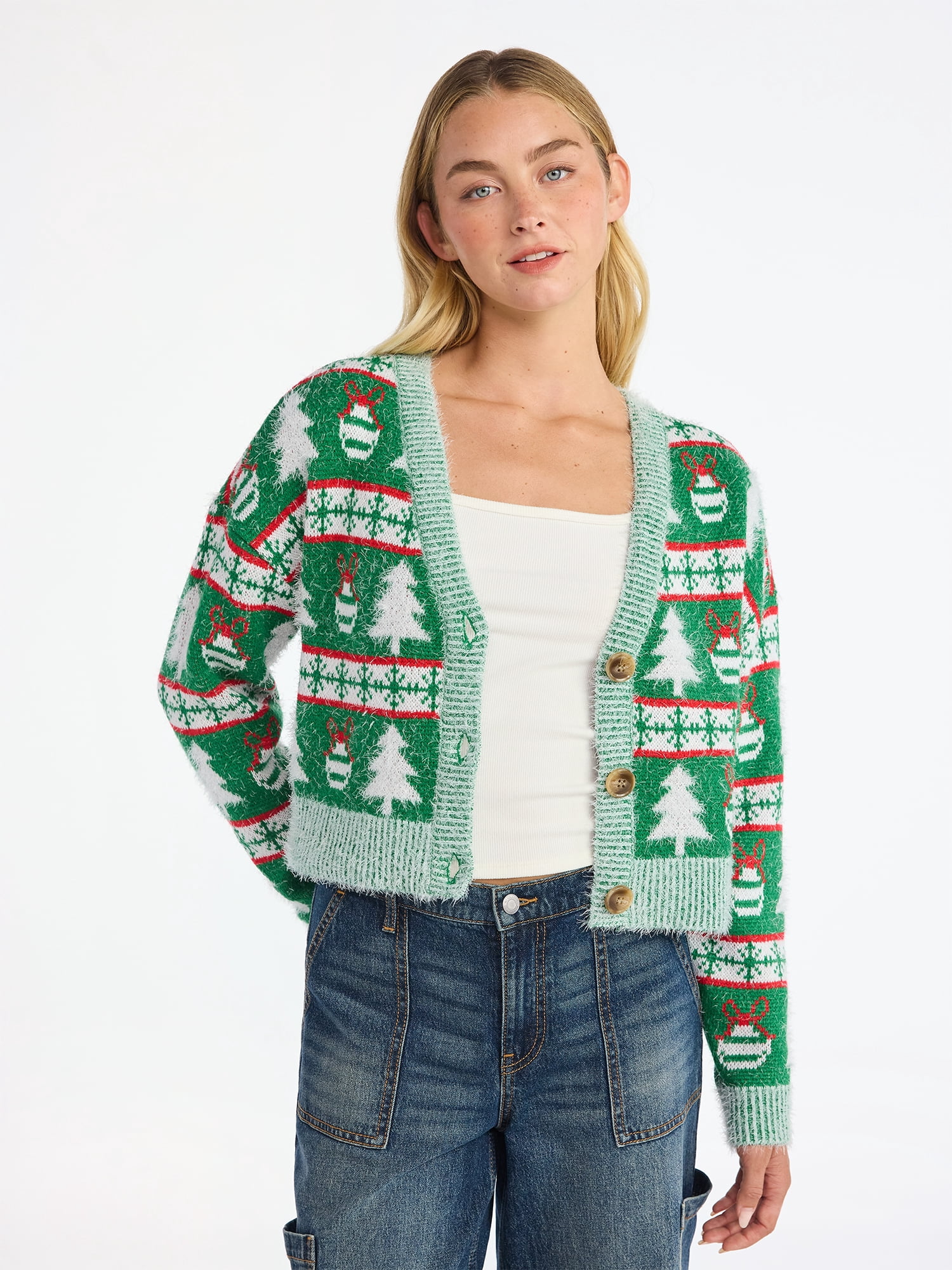 No Boundaries Embroidered Christmas Cardigan, Women's & Women's Plus