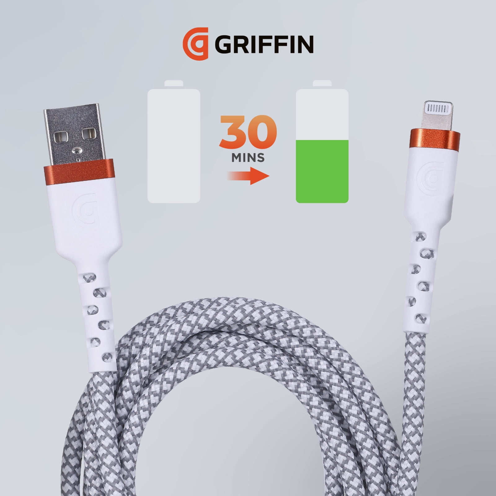 Griffin Ultra Durable 6FT Lightning to USB-A Charge & Sync Cable with Velcro Strap for iPhone, iPad, iPod, Fast Charging, Durable Nylon Braided, Apple Lightning Cable