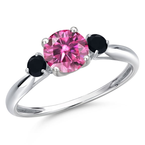 Gem Stone King 10K White Gold Pink Moissanite and Black Onyx 3-Stone Ring for Women | 1.00 Cttw | Round 6MM | Gemstone Birthstone | Size 9