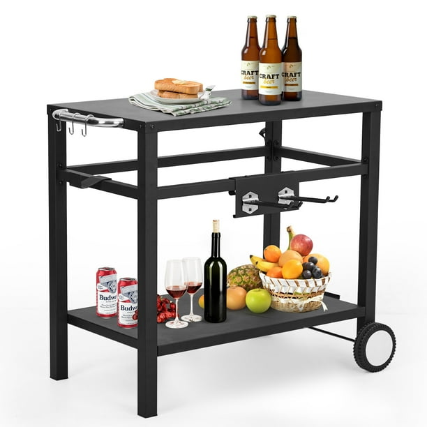 Grill Cart with Wheels & Hooks, DoubleShelf Outdoor Movable Dining