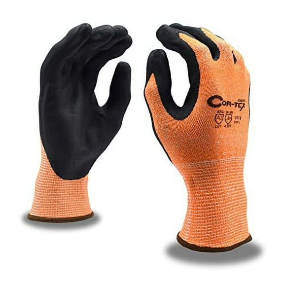 10-Pack of Cordova 3714L Cor-Tex Hi-Vis Orange 13-Gauge HPPE Plaited Shell Work Gloves, Black Sandy Nitrile Palm Coating, ANSI Cut Level A2, Large