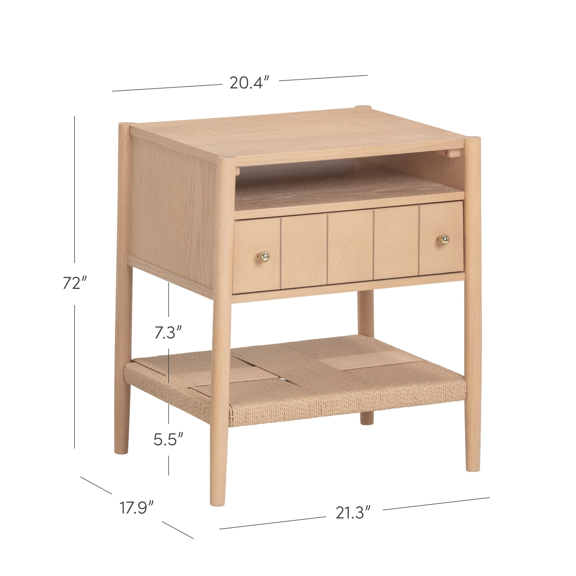 Nathan James Meads Wood Nightstand with Drawer, Vintage Nightstand with Seagrass Storage and Brass Handles, Raw Oak