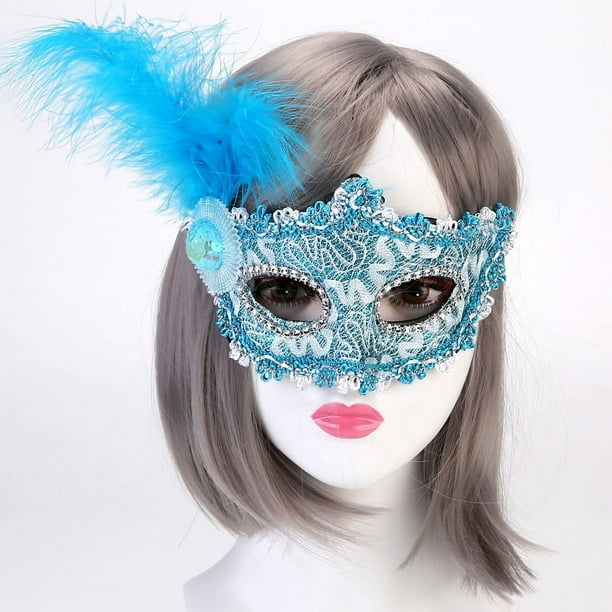 Máscara de plumas de encaje congelada para fiesta de mascarada