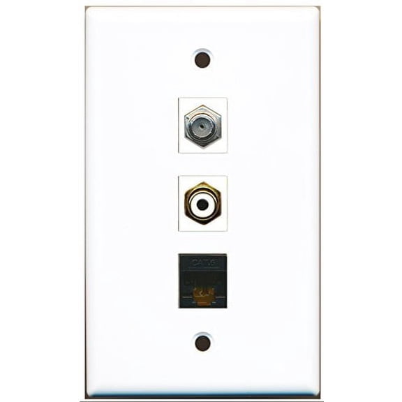 RiteAV - 1 Port RCA White and 1 Port Coax Cable TV- F-Type and 1 Port Cat6 Ethernet Black Wall Plate