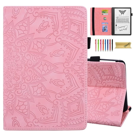 for Kindle Scribe 10.2 Inch 2022, Luxury Shockproof Full Protection Embossed PU Leather Credit Card Slots Holder Multiple Angle Stand Folio Flip Case Auto Wake/Sleep, Pink