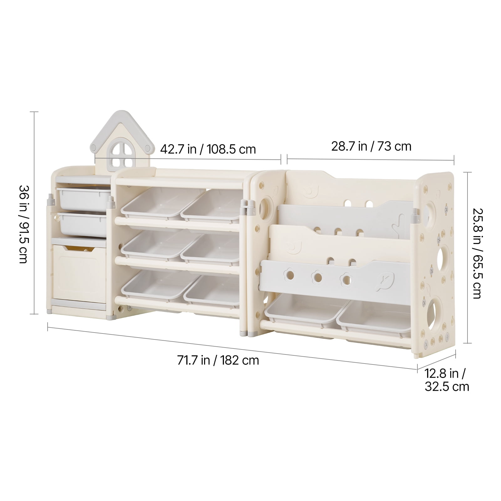 KFFKFF Kids Toy Organizer with Bookshelf, 4-Tier Storage Unit with 10 Removable Plastic Bins, Multi-Functional Cabinet for Study Room, Bedroom, Playroom, Classroom, Nursery, Gray and Beige