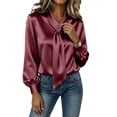 thumbnail image 2 of APEXFWDT Women's Long Sleeve Satin Dress Shirt Elegant Bow Tie Blouse Work Business Casual Office Shirt,M,Wine, 2 of 8