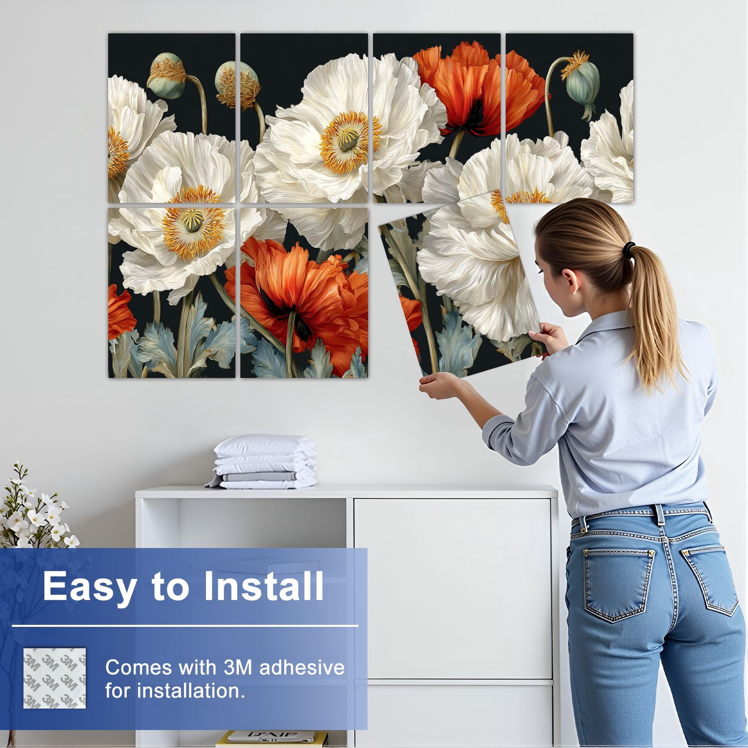 8 Pack Art Acoustic Panels Sound Absorbing Boho Flower Botanical Orange Wall Decor Flowers White Blossoms Orange Decorative Soundproof Wall Panels Self Adhesive for Nursery Game Room Bedroom 48"x32"