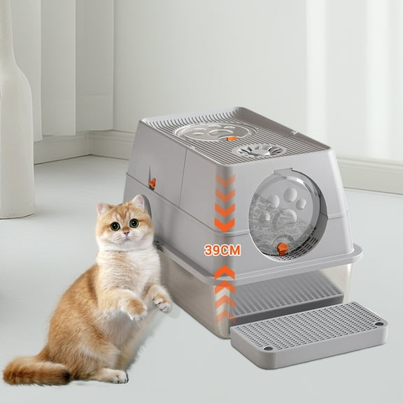 Cat Litter Box Enclosure with Lid for All Cats, High Sided Stainless Steel Litter Tray, Anti-Leaking, Covered Litter Box Cat Toilet with Sand Filter PedalEnclosed Stainless Steel Cat Litter Box, Extra
