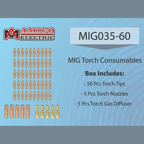 MIG035-60, MIG Welder Parts, 50-pcs .035” Tips, 5-pcs Gas Nozzles, 5-pcs Gas Diffusers for MTS-165/185/205, MIG-160/180/200, MIG-140GS