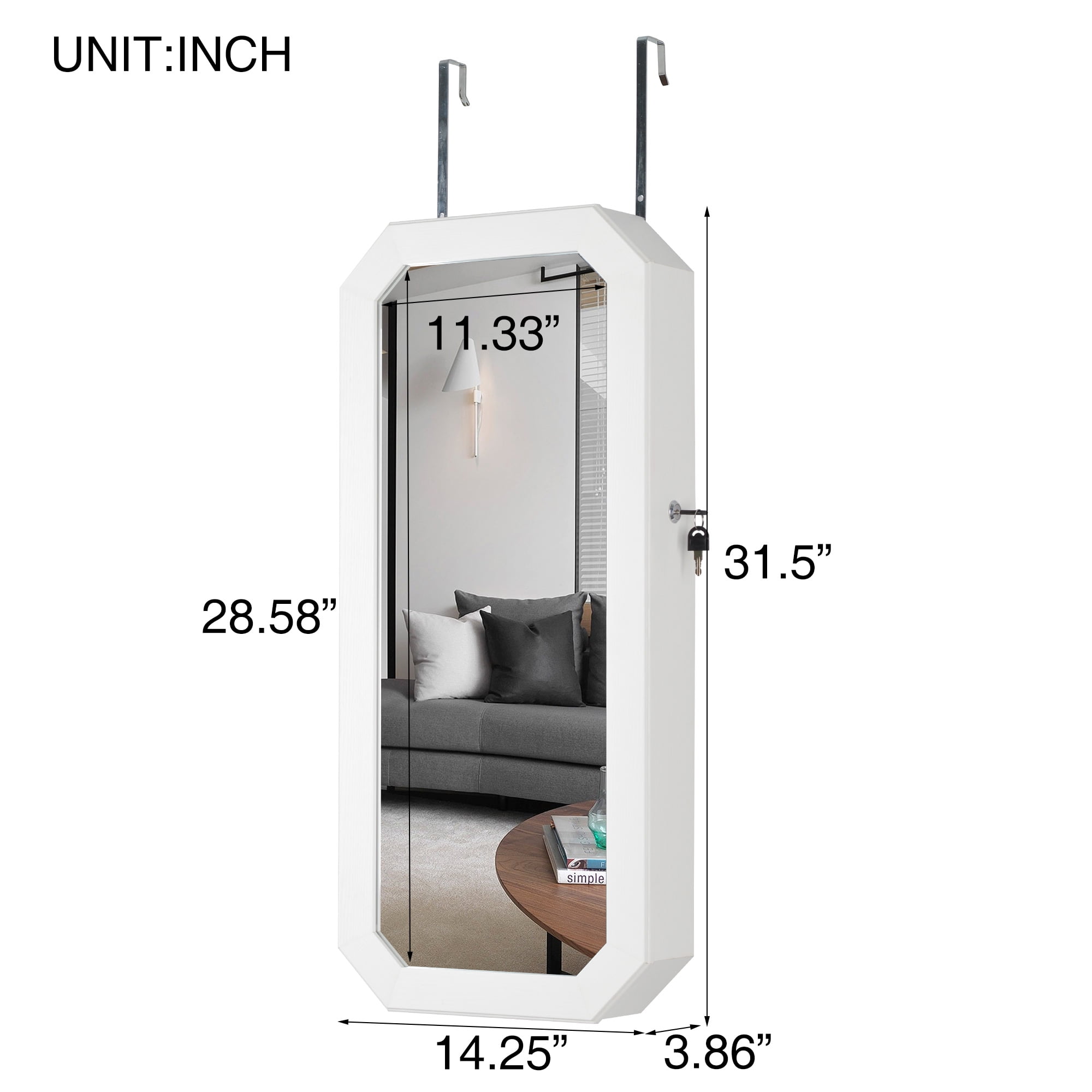 Resenkos Wall or Door Mount Octagon Jewelry Armoire Full Mirror, Wood Lockable Storage Mirror Jewelry Cabinet, White Resenkos Wall or Door Mount Octagon Jewelry Armoire Full Mirror, Wood Lockable Storage Mirror Jewelry Cabinet, White