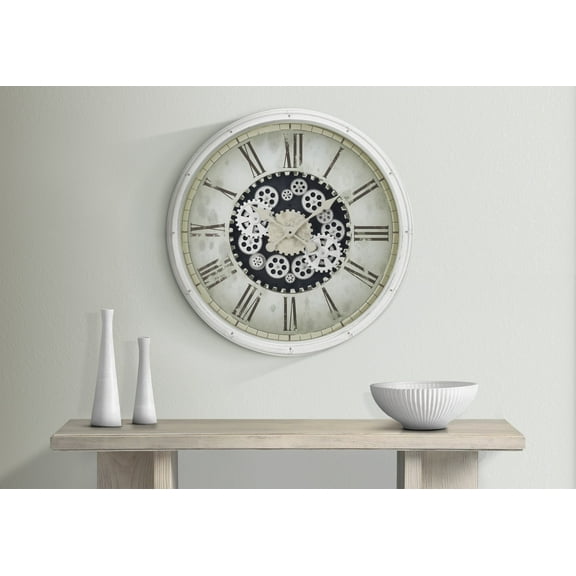 Wall Clocks Clocks, 30" Round, Gear Mechanism, Large Oversized, Wall Clock, White, Transitional,Table Clocks