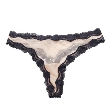 Icvfdpl Womens Underwear Lace Thong Sheer Mesh Paneling Contrast Color Wavy Edge Plus Size Casual Daily Panties For Women Beige S