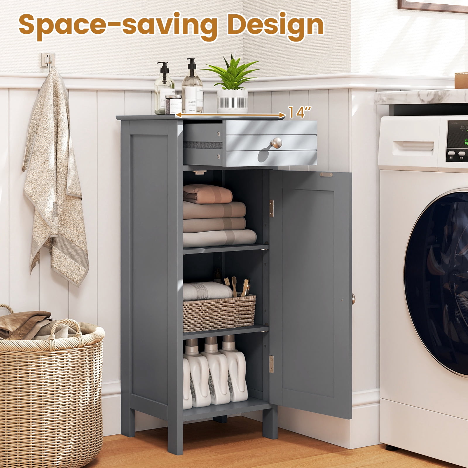 Costway Bathroom Storage Floor Cabinet Organizer Free-Standing w/ Drawer Grey