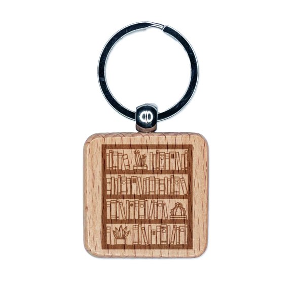Bookcase of Books Square Keychain Charm Tag - Engraved Wood