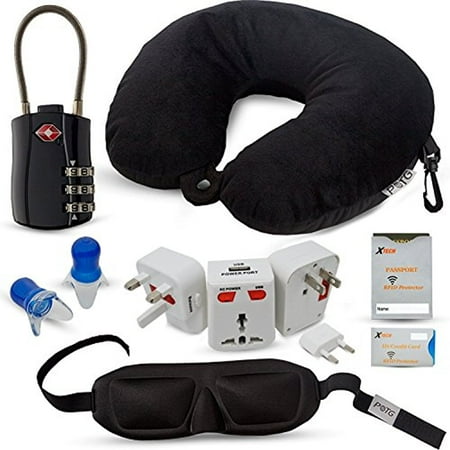 - travel and flying comfort kit, includes memory foam neck pillow, international adapter with usb, eye mask, noise canceling ear plugs(reusable), tsa approved luggage lock, rfid identity fraud protector