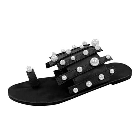 Toe Ring Flat Slides Women Sandals Open Toe Slip On Sandals Ladies Summer Toe Clip Sandals Pearl Beach Slides Shoes Comfortable Flat Slide Sandals HSMQHJWE(Black 8.5)