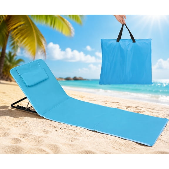 Portable Folding Beach Lounge Chair, Lightweight Tanning Chair with 5 Position Adjustable Back Support, Removable Pillow & Storage Bag, for Outdoor Sand, Camping, Sunbathing