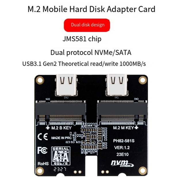 Tarjeta Adaptadora de Caja SSD M.2 NVMe SATA 4TB JMS581 Tipo C USB3.1 Gen2 Tarjeta Adaptadora de ExpansióN de Caja HDD de 10 Gbps