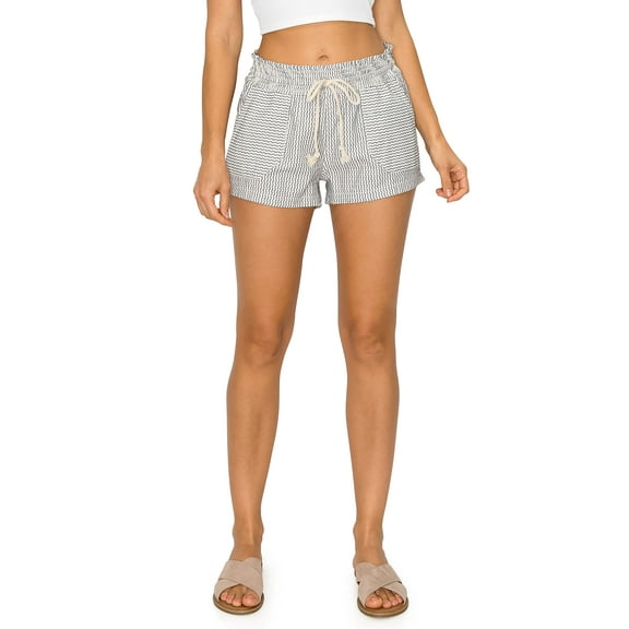 Cali1850 Women's Casual Linen Shorts - Drawstring Smocked Waist Oceanside Lounge Beach Printed Pants with Pockets