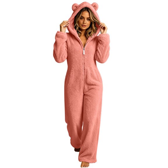FAIWAD Women's Fleece Onesies Plush Hooded Jumpsuit with Pockets Soft Warm Full Zip Loungewear