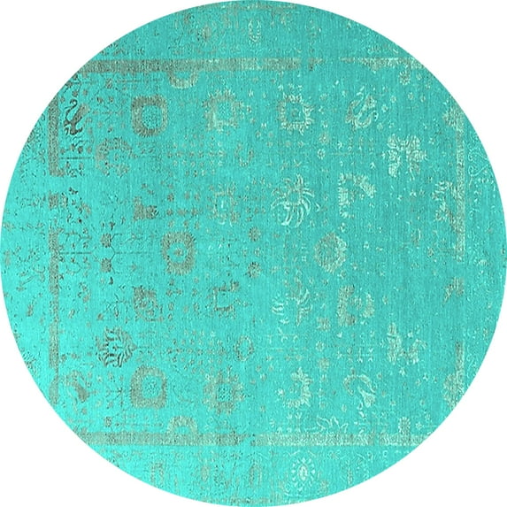 Ahgly Company Machine Washable Indoor Round Oriental Turquoise Blue Industrial Area Rugs, 8' Round