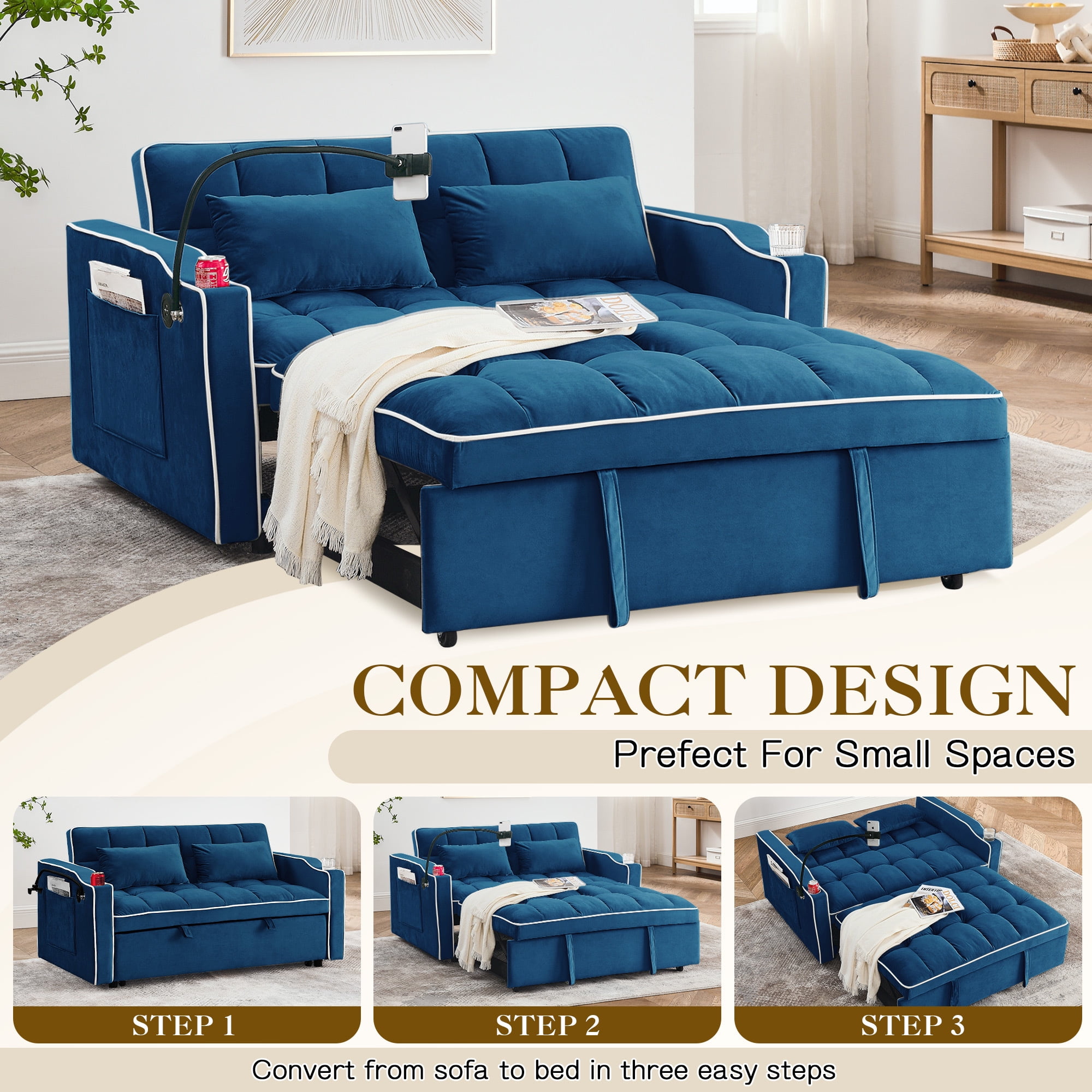 Dinosisco 4-in-1 Convertible Pull Out Sofa Bed, Loveseat Sleeper with Phone Stand, USB, Blue Velvet