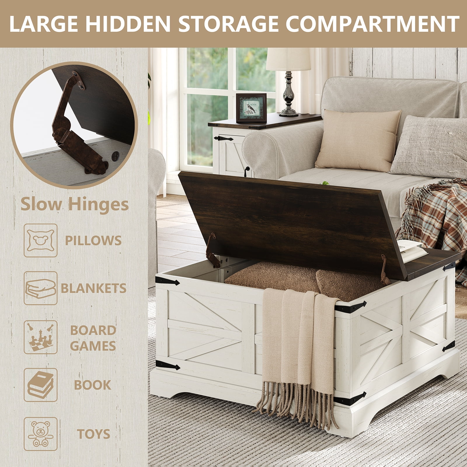 Furnihold Farmhouse Lift Top Coffee Table, Square Wood Center Table with Large Hidden Storage Compartment for Living Room, Rustic Cocktail White Modern Table with Hinged Lift Top, Brown Top