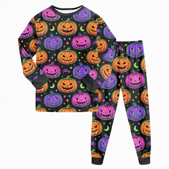 UAYOTSE Children Halloween Pumpkin Face Pajama Set, Long‑Sleeve Crew Neck Top with Colorful Jack‑o‑Lantern Print and Cuffed Pants Size 5-6 Years
