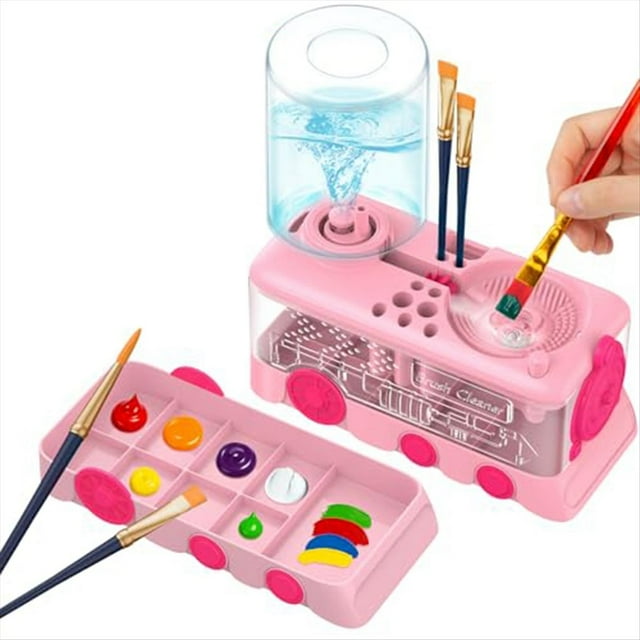 Limpiador de Pinceles de Mejorado con Bandeja, Soporte y Escurridor para Pinturas Acrílicas y de Acuarela, Color Rosa.