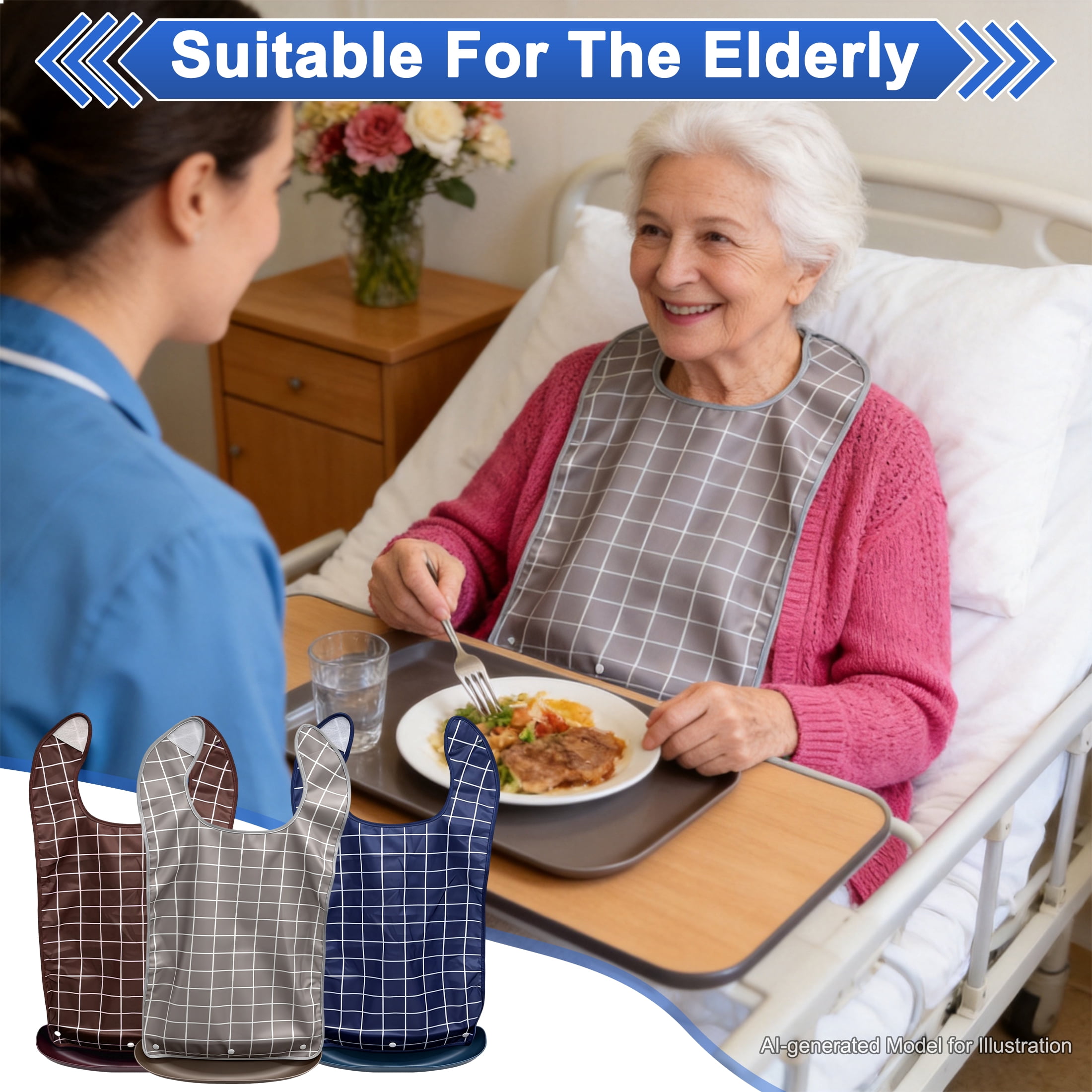 3 Pack Adult Bib for Eating, Waterproof Elderly Bib with Removable Food Catcher Tray, Reusable Large Clothing Protector, Washable Dining Apron for Seniors, Nursing Home, 28.34 × 26.77 Inch